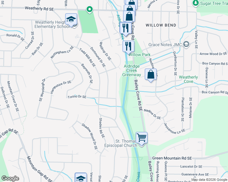 map of restaurants, bars, coffee shops, grocery stores, and more near 9731 Wallwood Drive Southeast in Huntsville