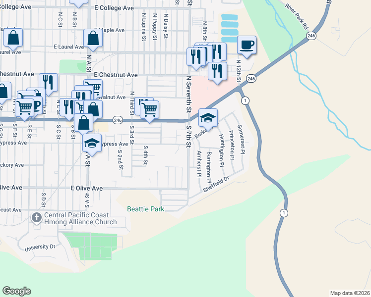 map of restaurants, bars, coffee shops, grocery stores, and more near 209 South 7th Street in Lompoc