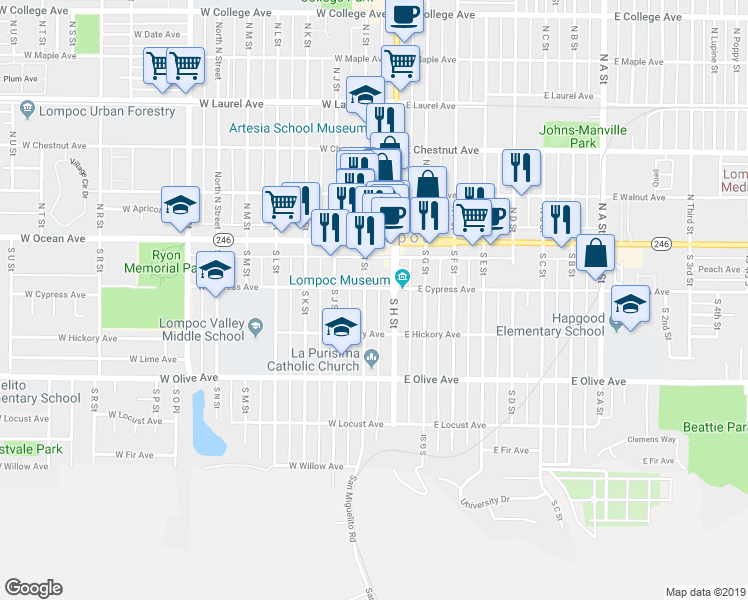 map of restaurants, bars, coffee shops, grocery stores, and more near 222 South I Street in Lompoc