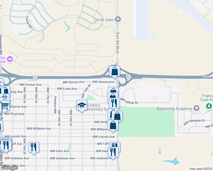 map of restaurants, bars, coffee shops, grocery stores, and more near 2820 Mobley Street Northwest in Lawton