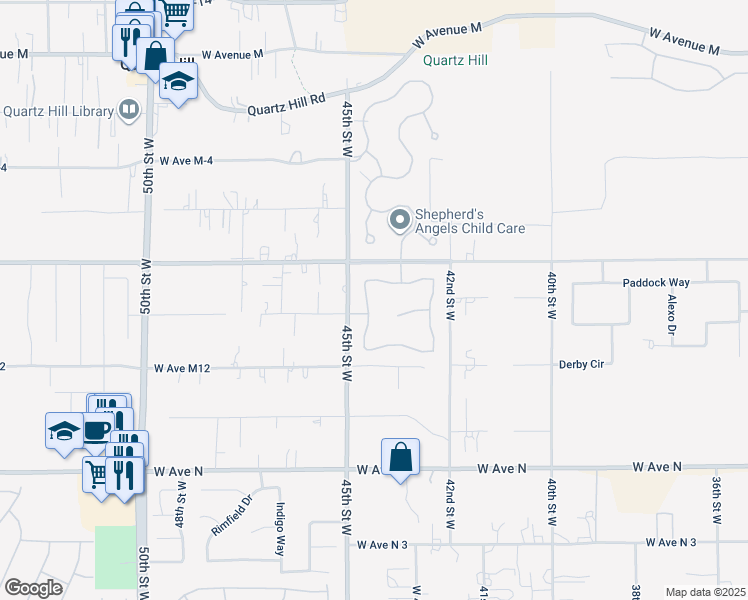 map of restaurants, bars, coffee shops, grocery stores, and more near 45058 44th Street West in Lancaster
