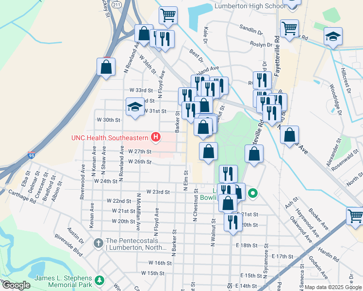 map of restaurants, bars, coffee shops, grocery stores, and more near 2775 North Elm Street in Lumberton