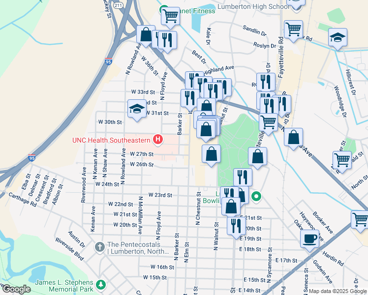 map of restaurants, bars, coffee shops, grocery stores, and more near 2775 North Elm Street in Lumberton