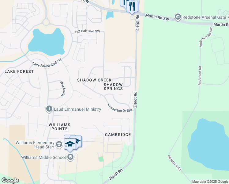 map of restaurants, bars, coffee shops, grocery stores, and more near 129 Wallhaven Drive Southwest in Huntsville