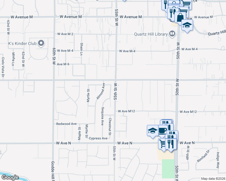 map of restaurants, bars, coffee shops, grocery stores, and more near 41513 Jacaranda Street in Quartz Hill