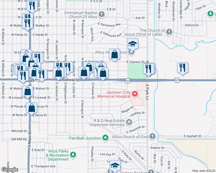 map of restaurants, bars, coffee shops, grocery stores, and more near 918 East Walnut Street in Altus