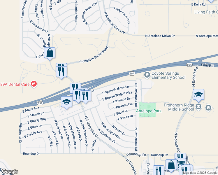 map of restaurants, bars, coffee shops, grocery stores, and more near 7700 East Spanish Moss Lane in Prescott Valley