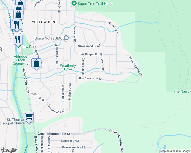 map of restaurants, bars, coffee shops, grocery stores, and more near 3034 Box Canyon Road Southeast in Huntsville