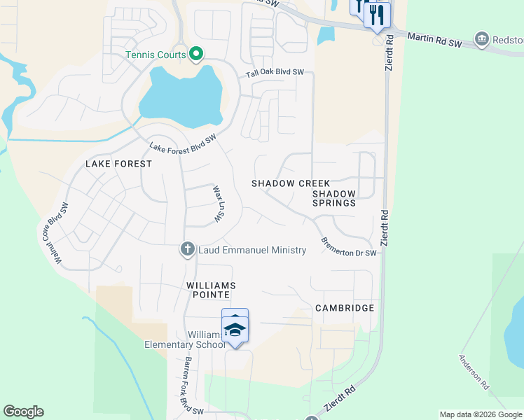 map of restaurants, bars, coffee shops, grocery stores, and more near 6 Nandina Lane Southwest in Huntsville