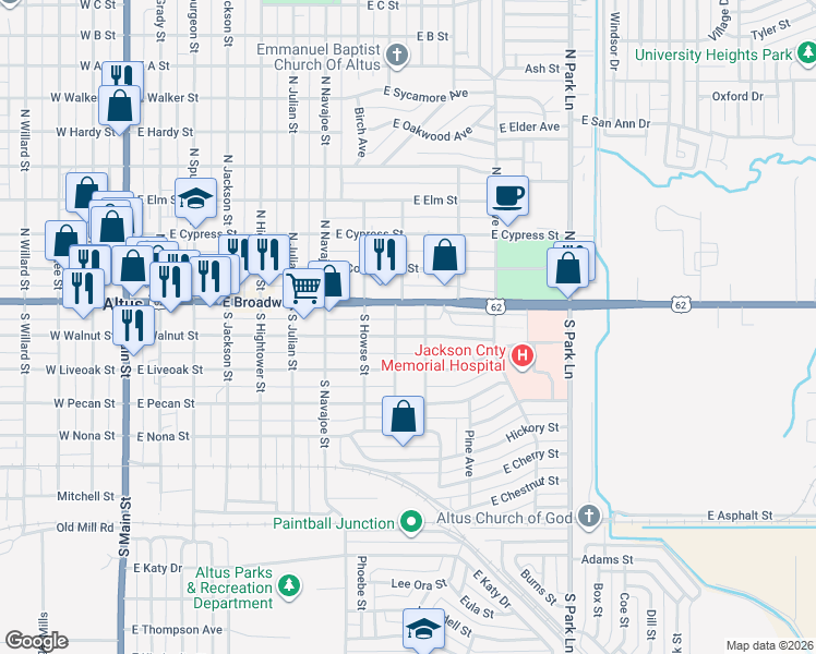 map of restaurants, bars, coffee shops, grocery stores, and more near 918 East Walnut Street in Altus