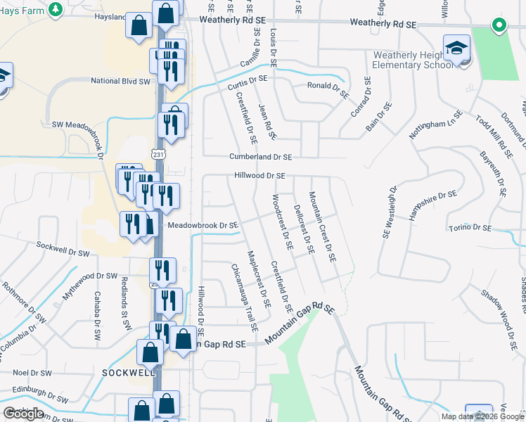 map of restaurants, bars, coffee shops, grocery stores, and more near 11301 Crestfield Drive Southeast in Huntsville