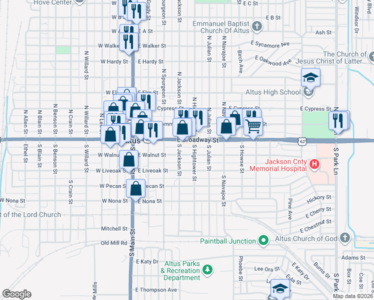 map of restaurants, bars, coffee shops, grocery stores, and more near 320 East Walnut Street in Altus