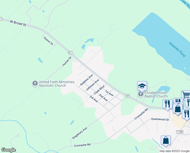 map of restaurants, bars, coffee shops, grocery stores, and more near 2407 West Broad Street in Elizabethtown