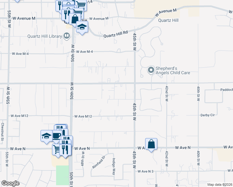 map of restaurants, bars, coffee shops, grocery stores, and more near 4559 West Avenue M10 in Lancaster