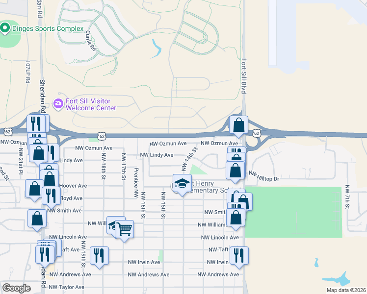 map of restaurants, bars, coffee shops, grocery stores, and more near 1409 Northwest Lindy Avenue in Lawton