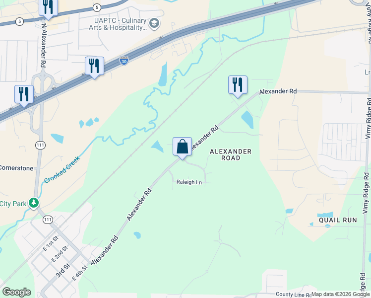 map of restaurants, bars, coffee shops, grocery stores, and more near 13911 Alexander Road in Alexander