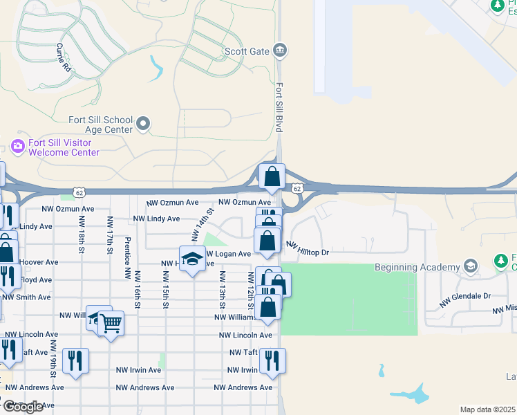 map of restaurants, bars, coffee shops, grocery stores, and more near 2820 Mobley Street Northwest in Lawton