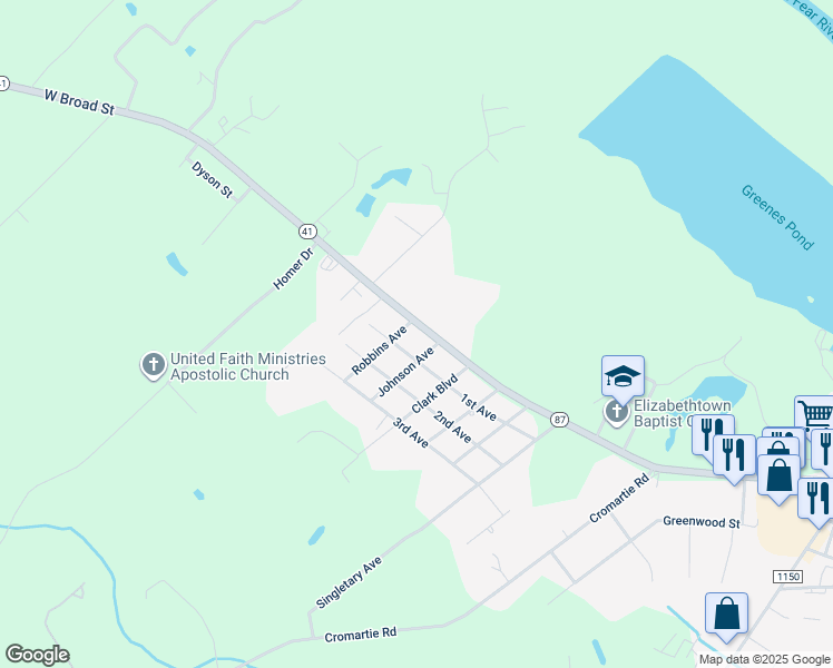 map of restaurants, bars, coffee shops, grocery stores, and more near 2407 West Broad Street in Elizabethtown