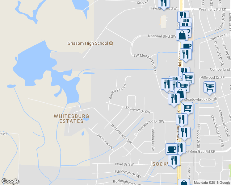 map of restaurants, bars, coffee shops, grocery stores, and more near 2041 Rosebury Lane Southwest in Huntsville