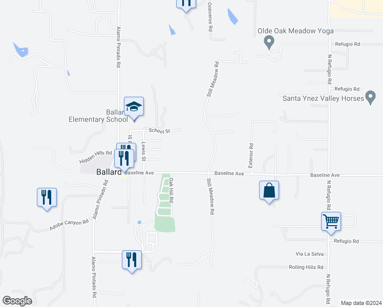 map of restaurants, bars, coffee shops, grocery stores, and more near 2601 Baseline Avenue in Solvang