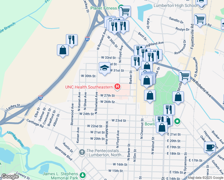 map of restaurants, bars, coffee shops, grocery stores, and more near 300 West 27th Street in Lumberton