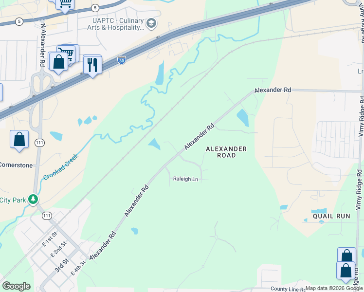map of restaurants, bars, coffee shops, grocery stores, and more near 13911 Alexander Road in Alexander