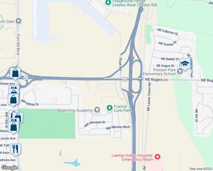 map of restaurants, bars, coffee shops, grocery stores, and more near 208 Northwest Mimosa Lane in Lawton