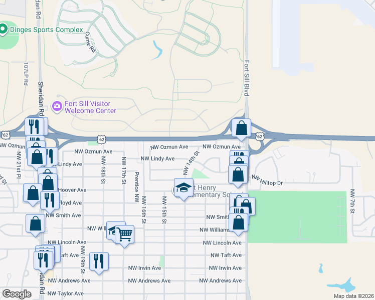 map of restaurants, bars, coffee shops, grocery stores, and more near 1409 Northwest Lindy Avenue in Lawton