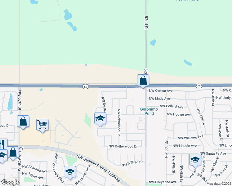 map of restaurants, bars, coffee shops, grocery stores, and more near 5414 Northwest King Richard Avenue in Lawton