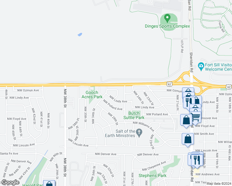 map of restaurants, bars, coffee shops, grocery stores, and more near 2810 Northwest Ozmun Avenue in Lawton