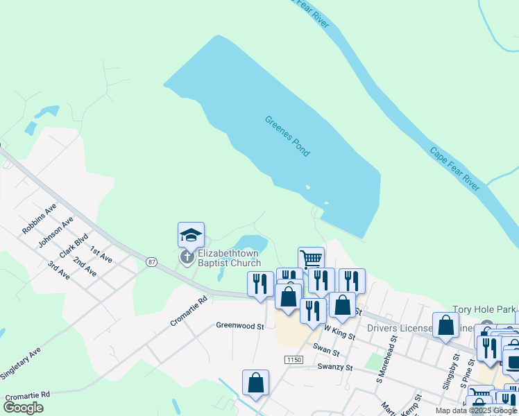 map of restaurants, bars, coffee shops, grocery stores, and more near 400 Greene Street in Elizabethtown
