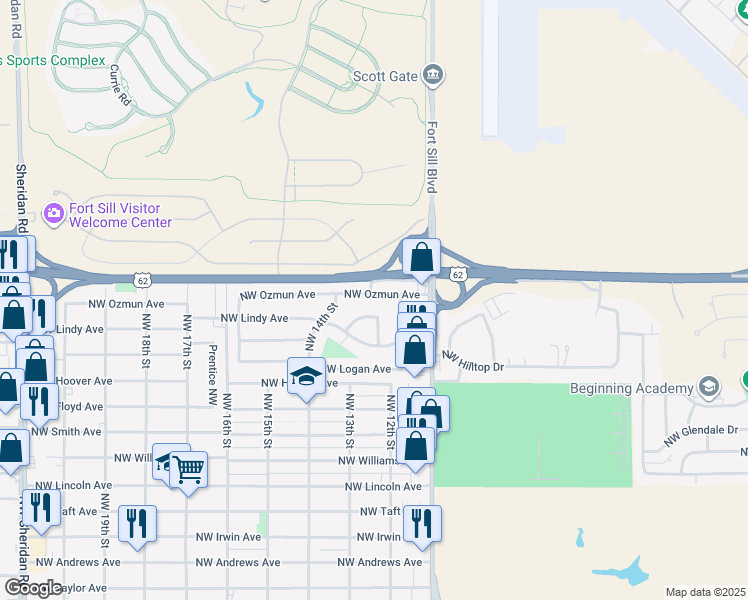 map of restaurants, bars, coffee shops, grocery stores, and more near 1222 Northwest Ozmun Avenue in Lawton