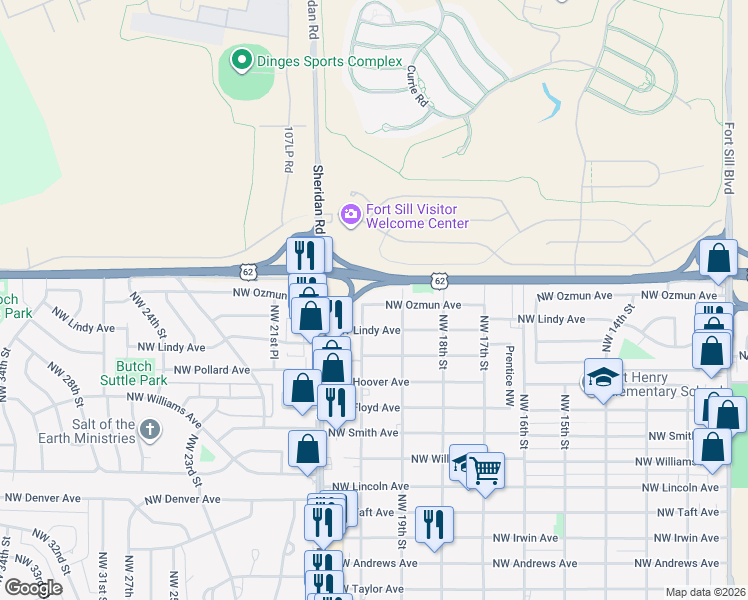 map of restaurants, bars, coffee shops, grocery stores, and more near 1913 Northwest Ozmun Avenue in Lawton