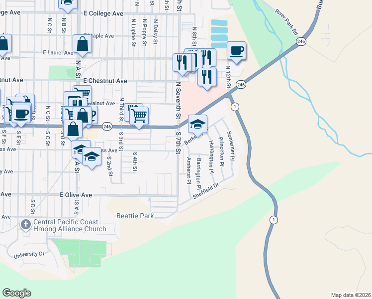map of restaurants, bars, coffee shops, grocery stores, and more near 1513 Berkeley Drive in Lompoc