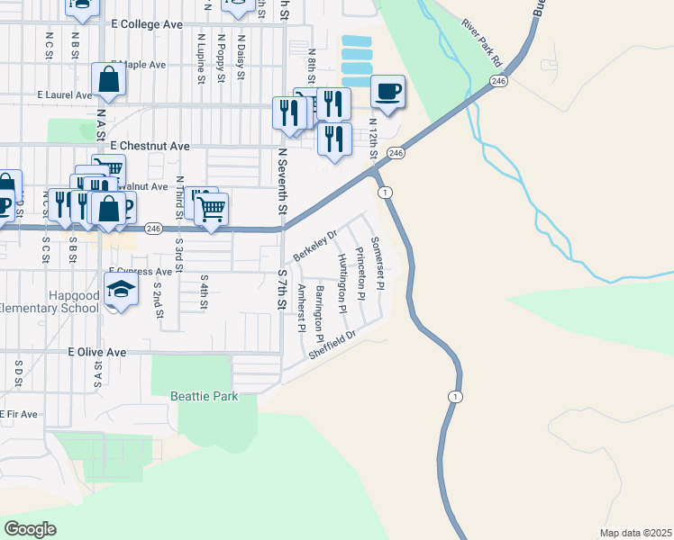 map of restaurants, bars, coffee shops, grocery stores, and more near 201 Huntington Place in Lompoc