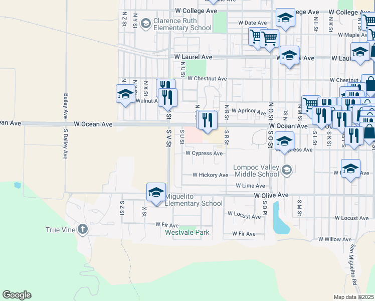 map of restaurants, bars, coffee shops, grocery stores, and more near 1317 West Cypress Avenue in Lompoc