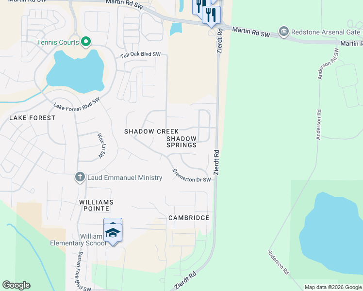 map of restaurants, bars, coffee shops, grocery stores, and more near 213 Shadow Cove Drive Southwest in Huntsville