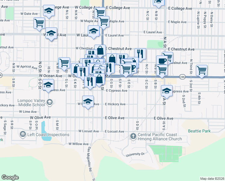 map of restaurants, bars, coffee shops, grocery stores, and more near 215 East Cypress Avenue in Lompoc