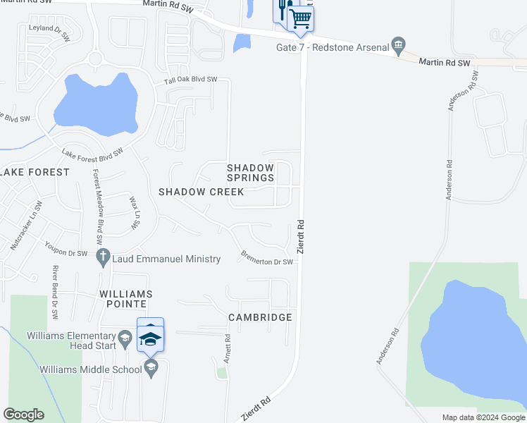 map of restaurants, bars, coffee shops, grocery stores, and more near 235 Shadow Court Southwest in Huntsville