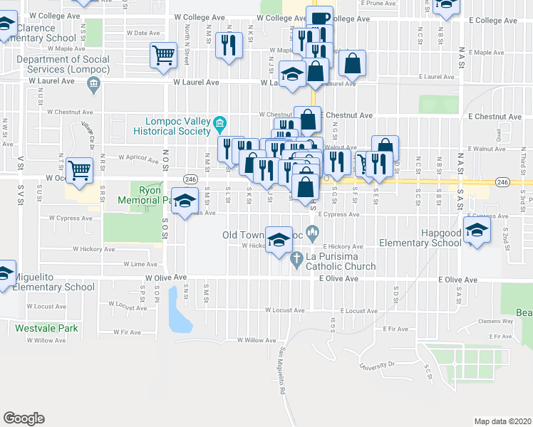 map of restaurants, bars, coffee shops, grocery stores, and more near 316 West Cypress Avenue in Lompoc