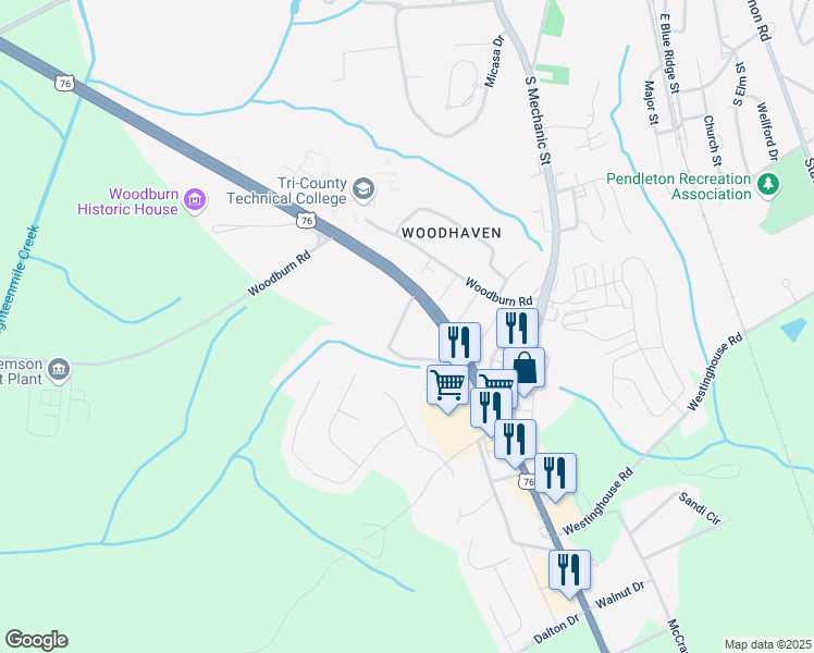 map of restaurants, bars, coffee shops, grocery stores, and more near 100 Hillandale Road in Pendleton