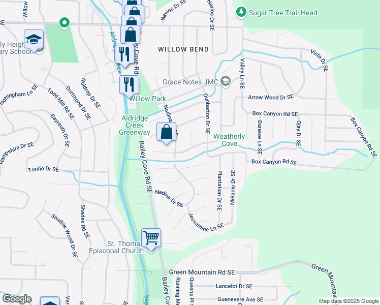 map of restaurants, bars, coffee shops, grocery stores, and more near 2006 McDowling Drive Southeast in Huntsville