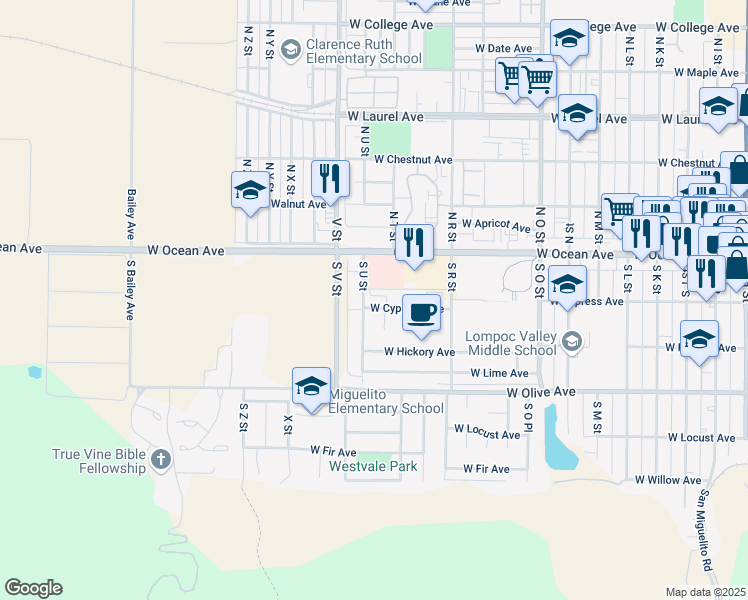map of restaurants, bars, coffee shops, grocery stores, and more near 1317 West Cypress Avenue in Lompoc