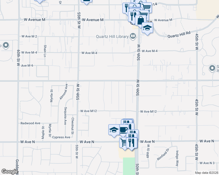 map of restaurants, bars, coffee shops, grocery stores, and more near 41539 Sandalwood Place in Lancaster