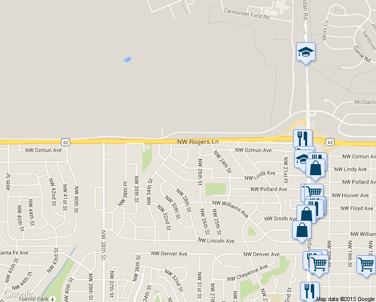 map of restaurants, bars, coffee shops, grocery stores, and more near 2814 Northwest Ozmun Avenue in Lawton