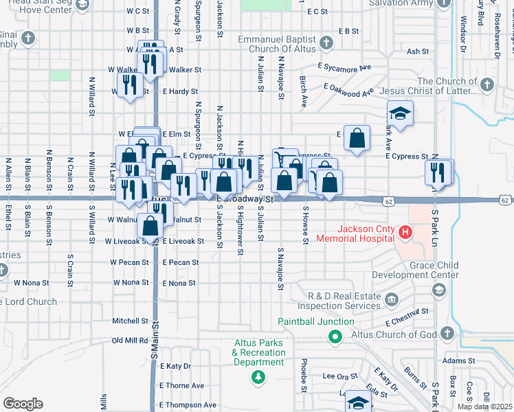 map of restaurants, bars, coffee shops, grocery stores, and more near 601 East Broadway Street in Altus