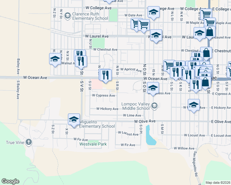 map of restaurants, bars, coffee shops, grocery stores, and more near 1101 West Cypress Avenue in Lompoc