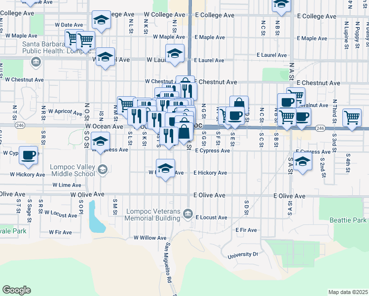 map of restaurants, bars, coffee shops, grocery stores, and more near 120 South I Street in Lompoc