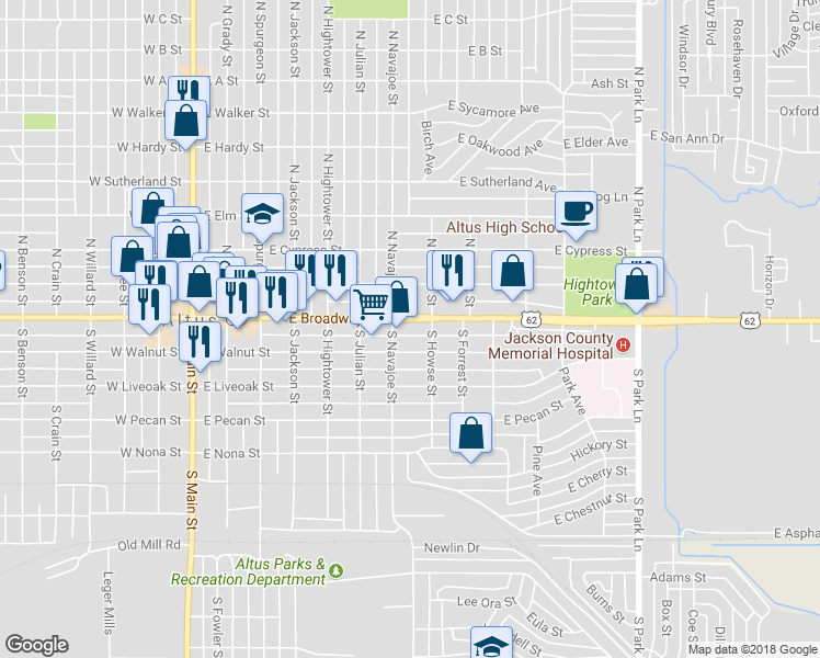 map of restaurants, bars, coffee shops, grocery stores, and more near 704 East Broadway Street in Altus