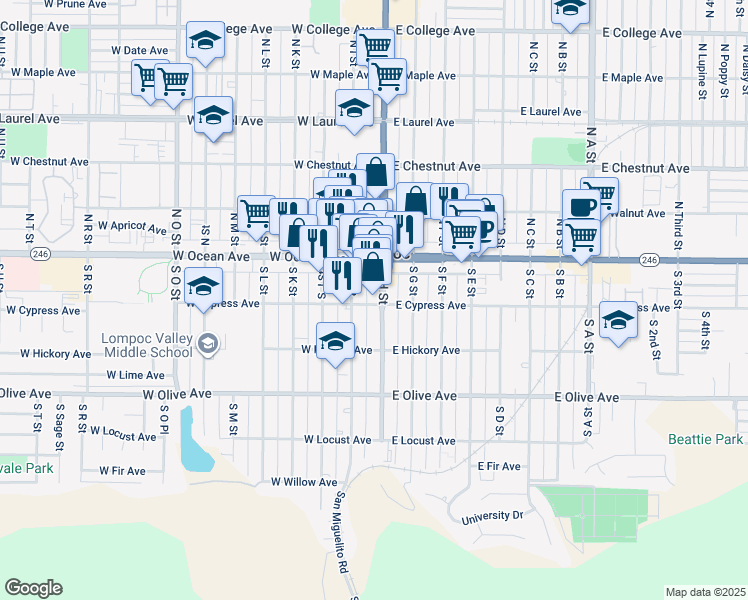 map of restaurants, bars, coffee shops, grocery stores, and more near 137 South H Street in Lompoc